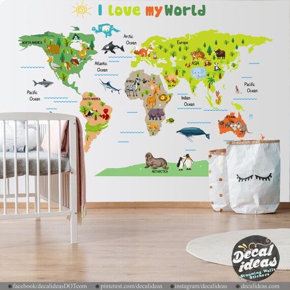 Nursery World Map Decal Kids World Map World Map Wall Etsy