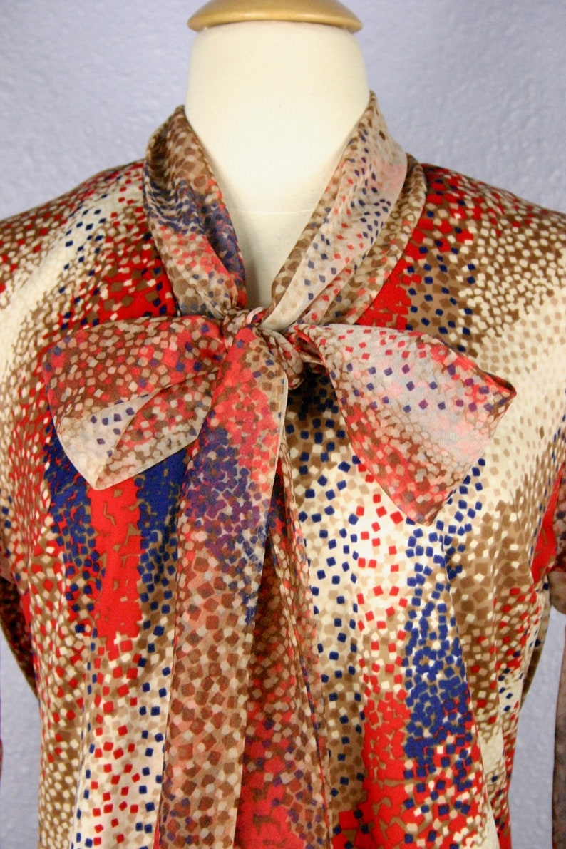 Vintage 60s Secretary Blouse MOD Blouse Abstract Print Blouse 70s Tie Neck Blouse PUSSY BOW Blouse Retro Shirt Top Geometric Stripe Sheer
