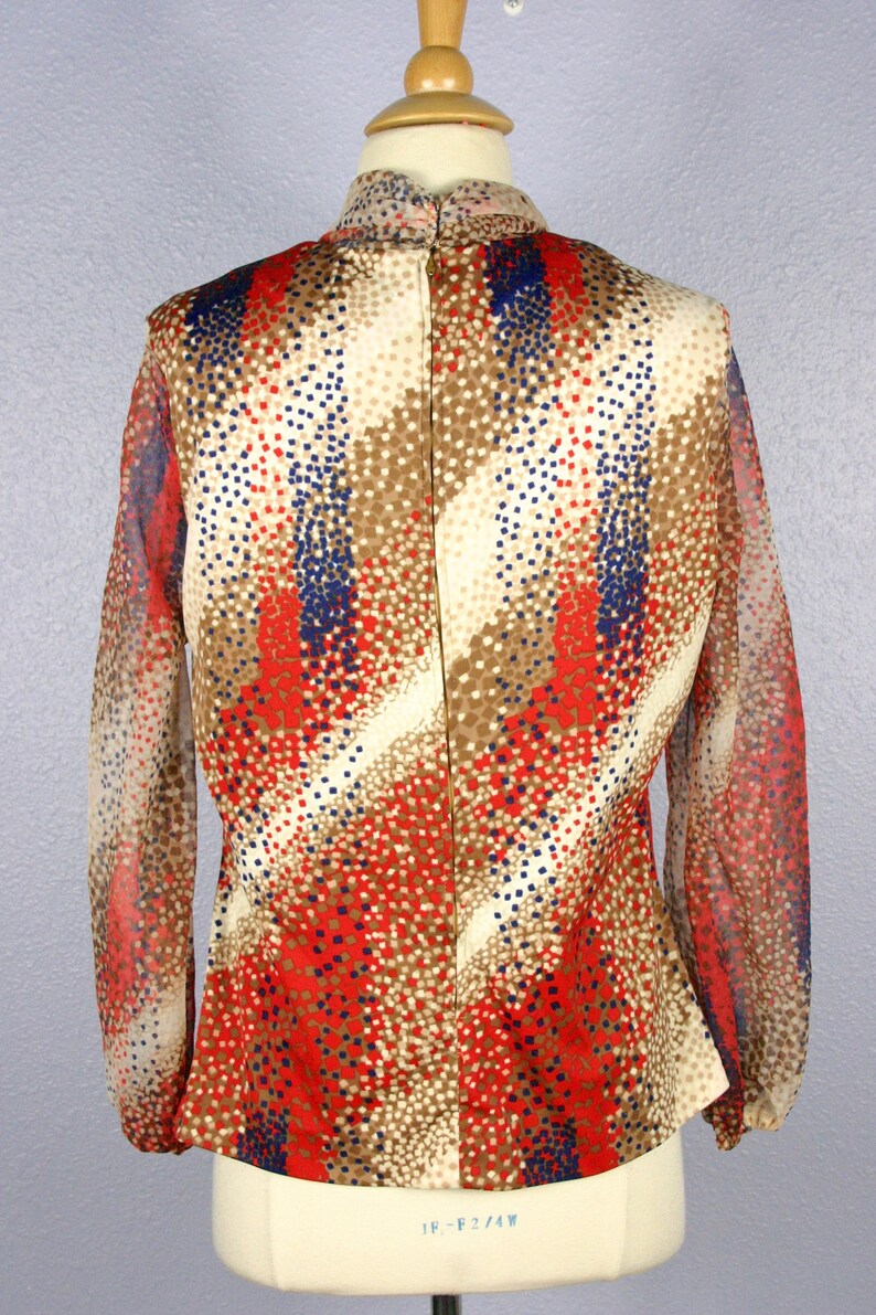 Vintage 60s Secretary Blouse MOD Blouse Abstract Print Blouse 70s Tie Neck Blouse PUSSY BOW Blouse Retro Shirt Top Geometric Stripe Sheer