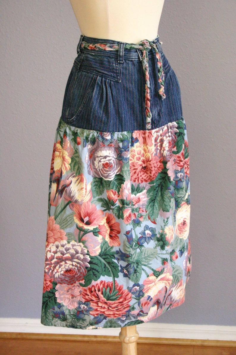 Vintage 80s Denim Skirt FLORAL Skirt High Waist Soft GRUNGE | Etsy