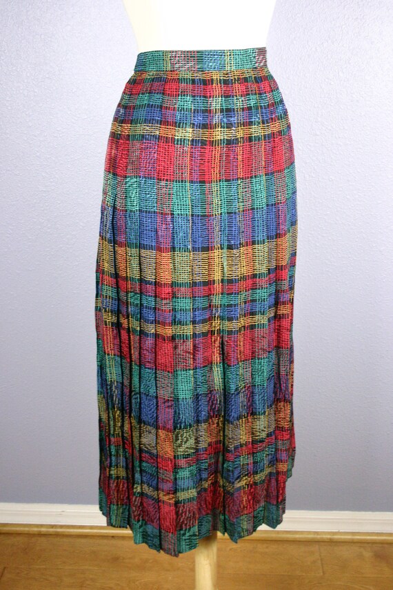 Vintage 80s SILK Skirt RAINBOW Skirt PLAID Skirt … - image 3