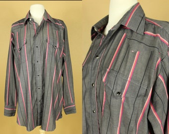 Vintage 80s PANHANDLE SLIM Shirt Men's Western Shirt ROCKABILLY Country Western Cowboy Rodeo Gray Pink Striped Snap Shirt Retro Button Down