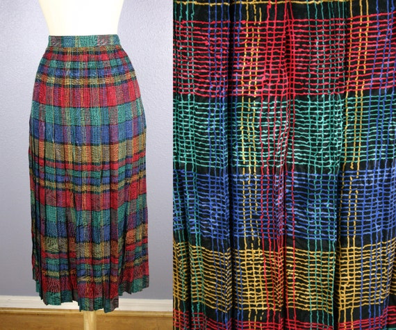 Vintage 80s SILK Skirt RAINBOW Skirt PLAID Skirt … - image 1