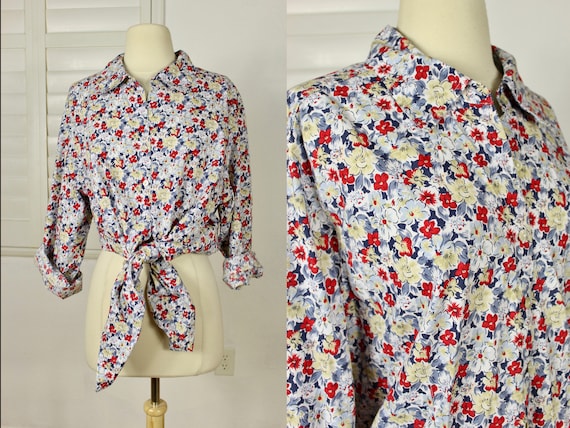 Vintage Blouse FLORAL Print Blouse Button Down Lon