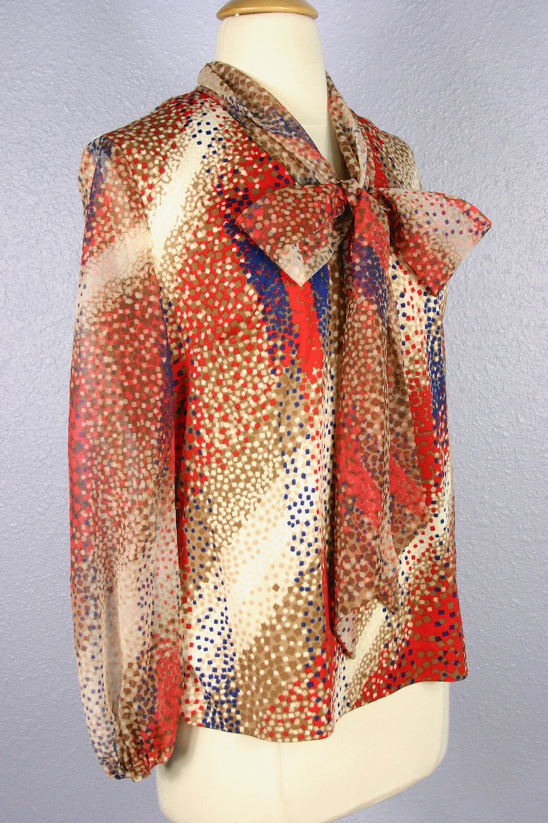 Vintage 60s Secretary Blouse MOD Blouse Abstract Print Blouse 70s Tie Neck Blouse PUSSY BOW Blouse Retro Shirt Top Geometric Stripe Sheer
