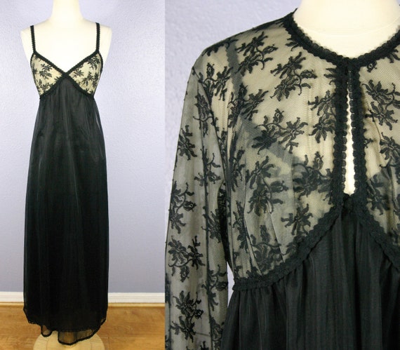 Vintage Black Peignoir Set 1950s Vanity Fair Ling… - image 1