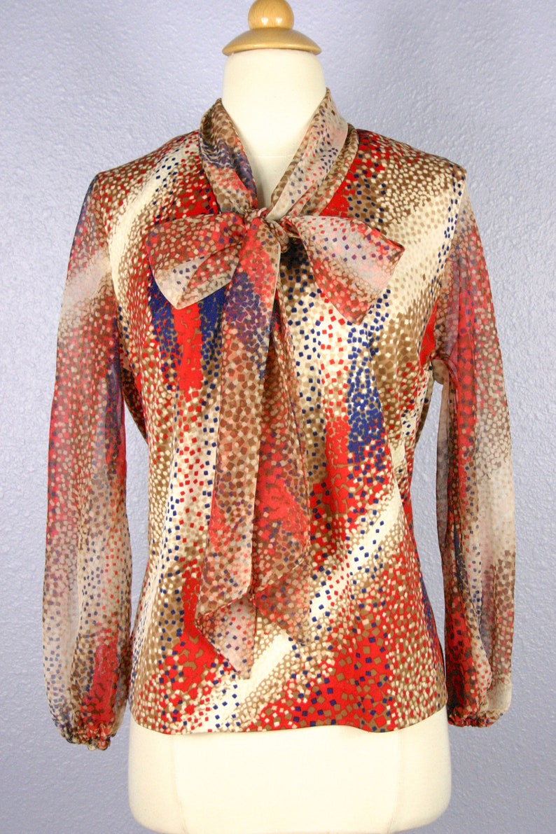 Vintage 60s Secretary Blouse MOD Blouse Abstract Print Blouse 70s Tie Neck Blouse PUSSY BOW Blouse Retro Shirt Top Geometric Stripe Sheer