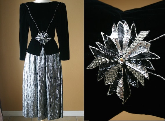 Vintage Prom Dress 80s Prom Dress Black VELVET Co… - image 1