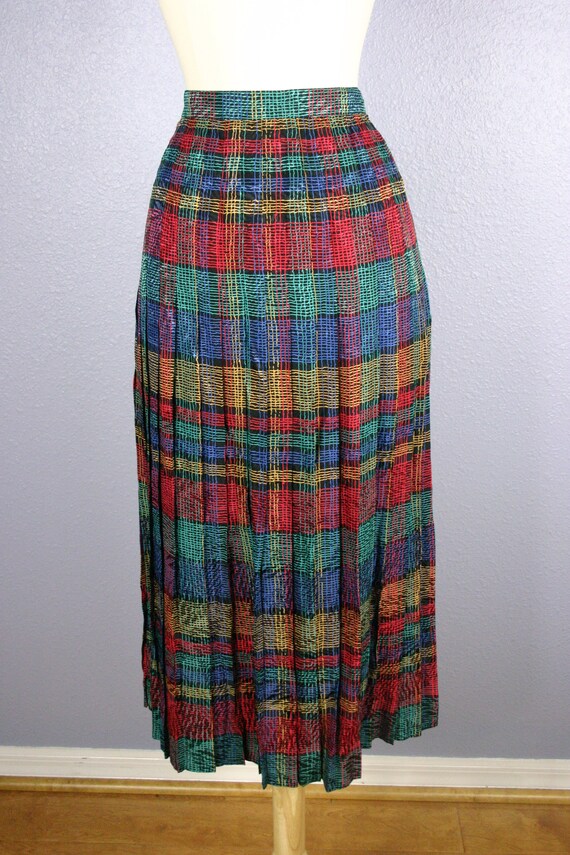 Vintage 80s SILK Skirt RAINBOW Skirt PLAID Skirt … - image 2