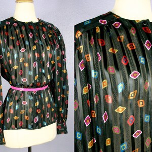 Vintage 70s Blouse Secretary Blouse NOVELTY Print 50s Style Tie Neck Blouse Pussy BOW Blouse MOD Blouse Button Down Stripe Shirt Lemon Fruit