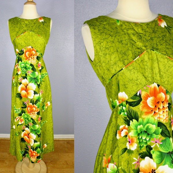 Vtg 60s Hawaiian Dress Maxi Dress MOD Dress Tropical Floral Hippie Hostess Summer LUAU Sleeveless Boho Pinup Empire Waist Hibiscus Green