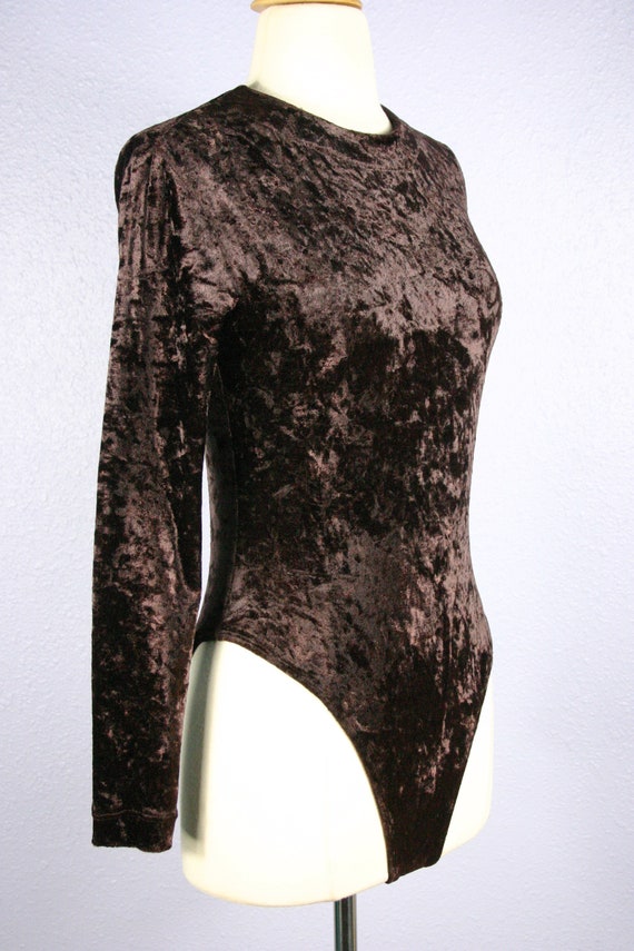Vintage 90s Leotard Crushed VELVET Bodysuit Chocolate… Gem
