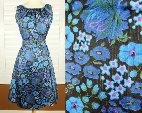 Vintage 50s Dress Black Floral Dress MOD Dress 19… - image 1