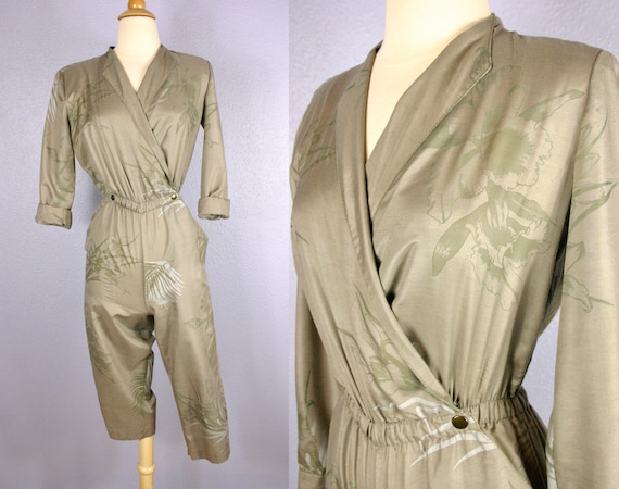 Vintage Jumpsuit KHAKI Jumpsuit 80s CROP Jumpsuit… - image 1