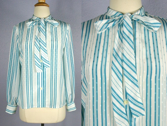 Vintage 70s Blouse Secretary Blouse NOVELTY Print 50s Style Tie Neck Blouse Pussy BOW Blouse MOD Blouse Button Down Stripe Shirt Lemon Fruit