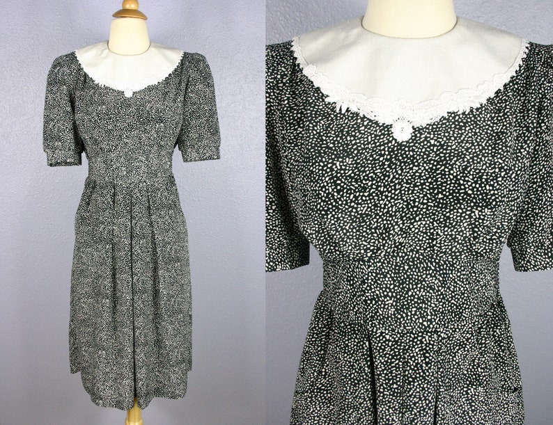 Vintage 80s Dress SECRETARY Dress Polka Dot Dress 80s Does 40s Dress MOD Dress Retro Day Dress Lace Dress Bib Collar 90s Grunge Dress Goth image 1