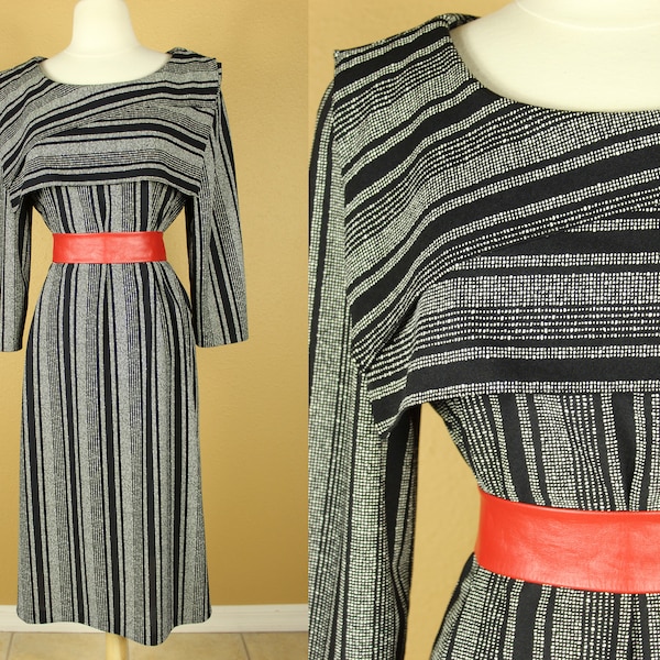 Vintage 1980s MOD Dress 80s Does 40s Dress Shift Dress SECRETARY Dress Day Dress Retro Midi Dress Polka Dot Striped PLUS Size Lucky Barbara