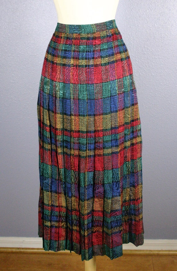 Vintage 80s SILK Skirt RAINBOW Skirt PLAID Skirt … - image 4