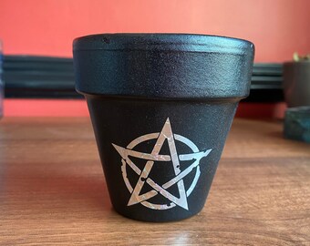 Holographic Pentagram Decal  Small Black Plant Pot/Planter