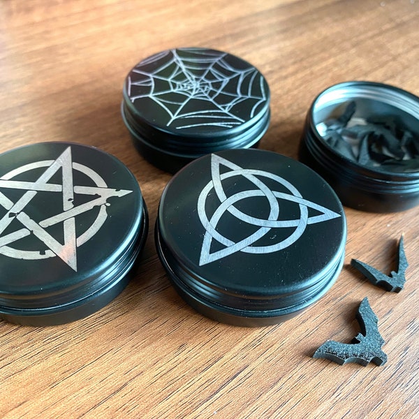 Gothic Aluminium Tins/Pots | Pentagram, Spiderweb, Triquetra Engraved