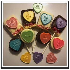 Valentines Day Conversation Hearts Chocolate Covered Oreos and krispie pops