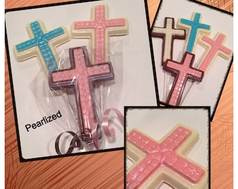 12 Communion, Baptism Cross Chocolate Lollipops - Personalized Favors