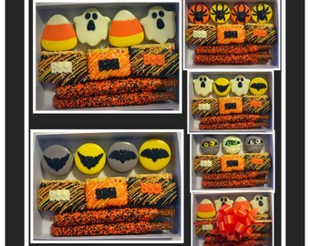 Caja de regalo de chocolates de Halloween, galletas Oreo de chocolate de Halloween, Rice Krispies y caja de pretzels