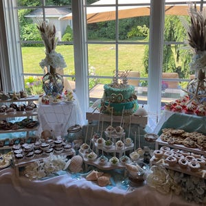 May include: A dessert table decorated with a nautical theme. The table features a variety of treats, including cupcakes, cake pops, cookies, and donuts. The table is decorated with seashells, starfish, and other nautical decorations. The cake is decorated with a blue and green frosting and a starfish on top. The cake is also decorated with the number "30" in silver.
