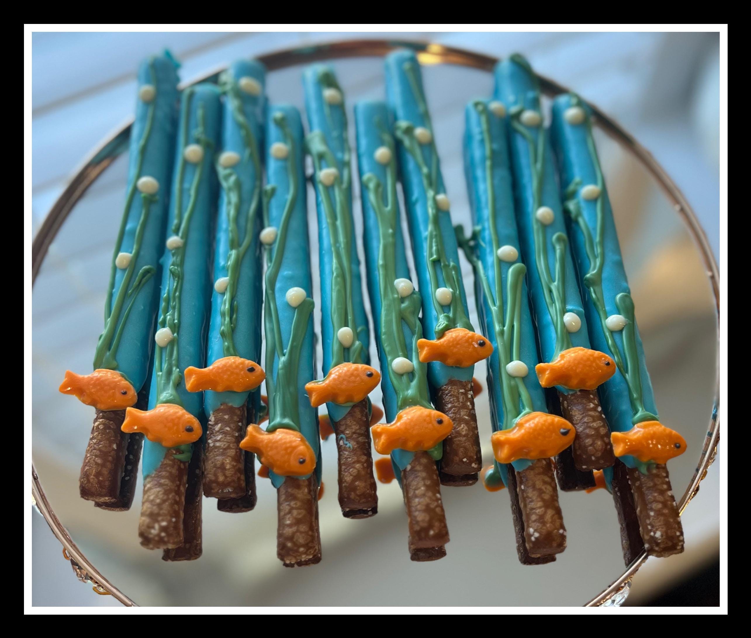 chocolate fishing pole Fish Chocolate Pretzels: Sea Themed Party Favors