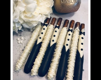 Bride and Groom Chocolate Covered Pretzels, Wedding pretzels, 12 Sets of bride and groom, 24 Pretzels total (12 bride and 12 groom)