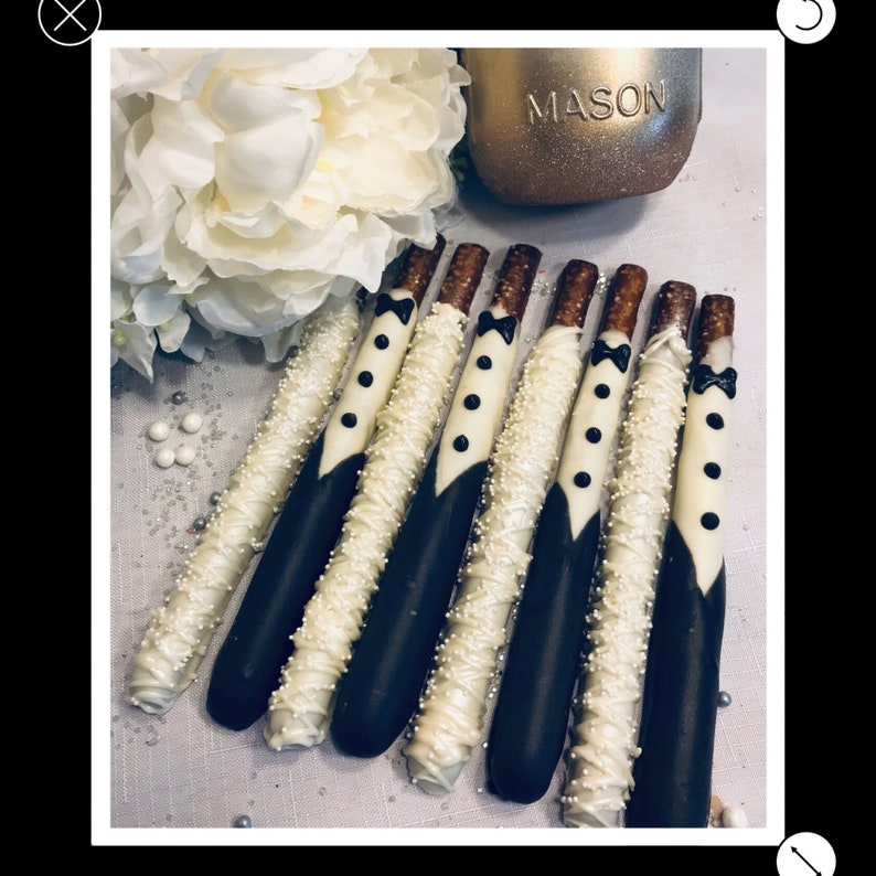 Bride and Groom Chocolate Covered Pretzels 12 Sets, 24 Pretzels image 1
