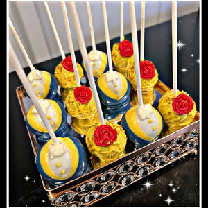 Belle themed cake pops, beauty cake pops, beast cake pops, rose cake pops