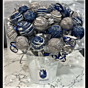 May include: A bouquet of cake pops in a white bucket. The cake pops are decorated in shades of blue, white, and brown, with various patterns and sprinkles. The bucket has a logo that says "Geneseo 1871". Ribbons and cellophane wrap the cake pops.