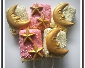 Moons and Stars Chocolate covered rice krispie treat pops, twinkle twinkle little star theme chocolate