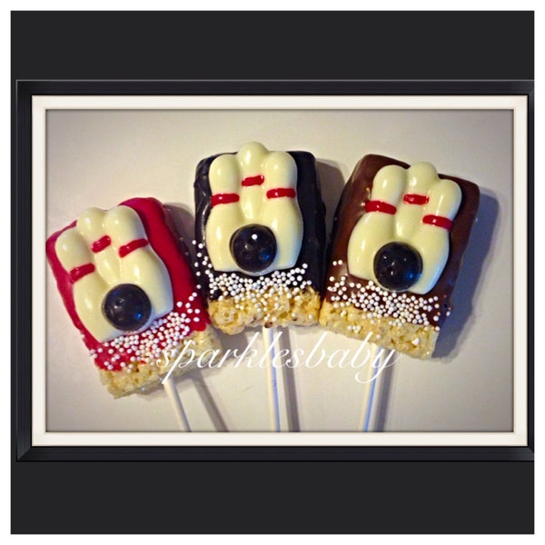 Bowling Chocolate - Bowling Pins and Bowling ball chocolate covered rice krispie treat pops set of 12