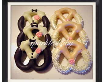 Bride, Groom, Wedding, we tied the knot chocolate covered pretzels- 12 pretzels total