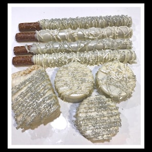 Gourmet ivory and silver chocolate covered pretzels, oreos or rice krispie treats - 2 dozen gourmet treats simply stated