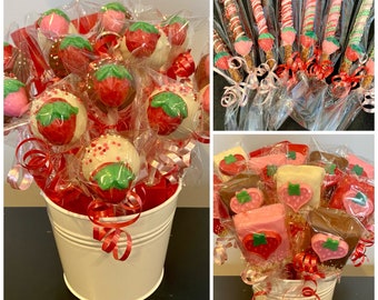 Strawberry chocolate, strawberry pretzels, strawberry oreos, strawberry cake pops