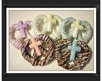 Cross pretzels -Communion, baptism, christening chocolate covered pretzels- set of 24