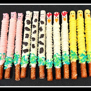 24 Gourmet Farm themed chocolate covered pretzels - Farm animal pretzels