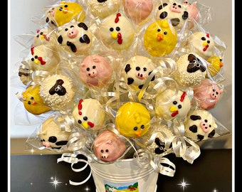 Farm cake pops, farm animal cake pops, cow cake pop, pig cake pop