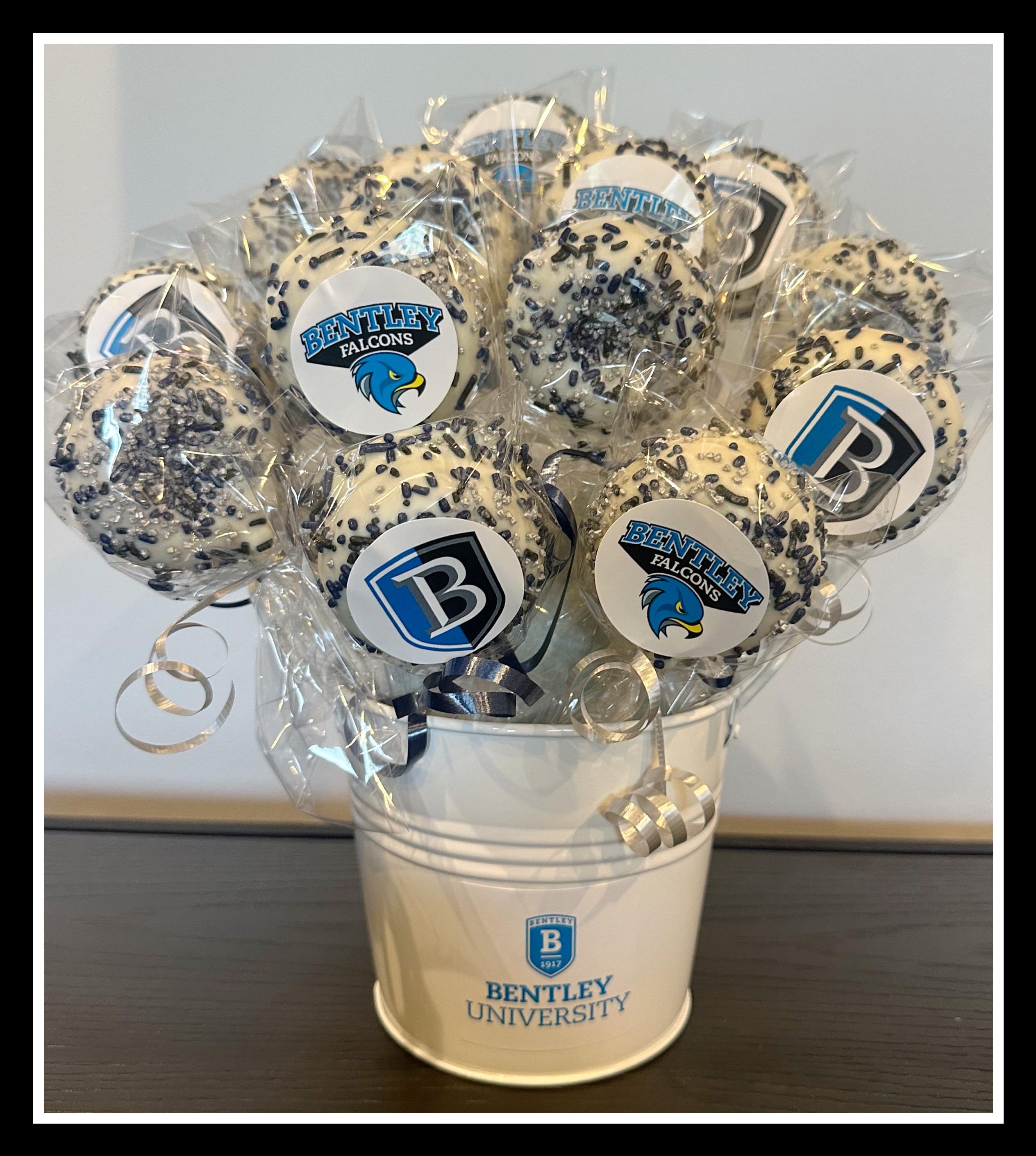 College Acceptance Cake Pop Basket: Custom School Colors, Dorm