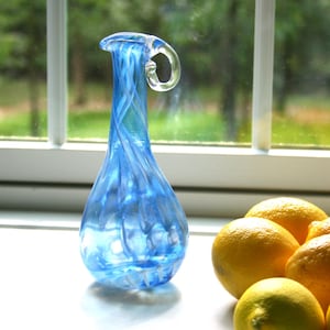 Hand Blown Glass Pitcher, Blue and White Swirl, Long Neck Pitcher, Handblown, Serving Piece, The Studio at Penny Lane, Glassware, Boho Chic