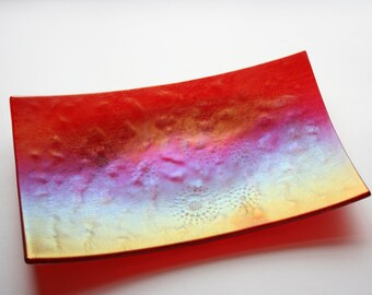 Fused Glass Serving Platter: Iridescent Red, Gold Starburst, Metallic Bronze
