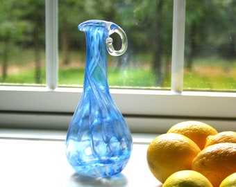 Hand Blown Glass Pitcher, Blue and White Swirl, Long Neck Pitcher, Handblown, Serving Piece, The Studio at Penny Lane, Glassware, Boho Chic