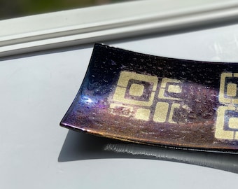 Fused Glass Serving Platter: Iridescent Purple & Gold Retro Design