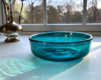 Hand Blown Glass Bowl, Teal Blue-Green, Handblown, StudioAtPennyLane, Peacock Blue Green, Handmade, Minimalist, Boho Chic, Low Fruit Bowl