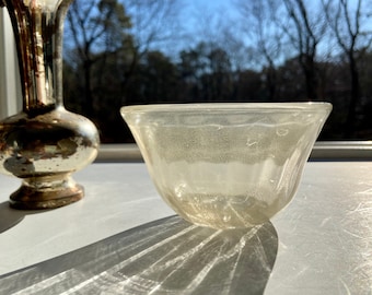 Hand Blown Iridescent Glass Bowl: Light Gold Ridged Design