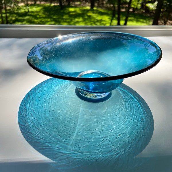 Hand Blown Glass Pedestal Bowl, Tilted Blue Bowl, Serving Bowl, Fruit Bowl, Footed Bowl, Handblown, Flared Bowl, Aqua, Studio at Penny Lane