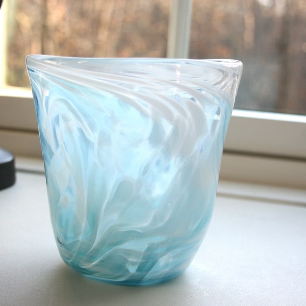 Hand Blown Glass Votive: Aquamarine Blue & White Candle Holder